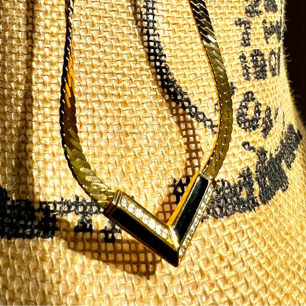 Christian Dior 18K gold plated vintage flat necklace with enamel and crystal - Picture 4 of 16